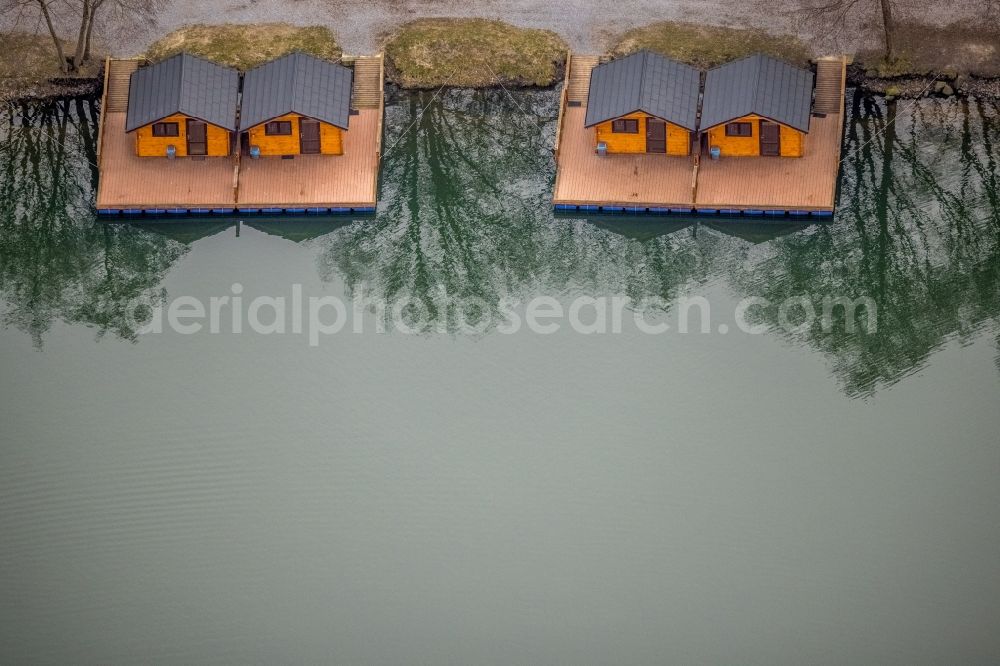 Aerial image Grafenwald - Riparian areas on the lake area of Forellensee with houseboats in Grafenwald in the state North Rhine-Westphalia, Germany