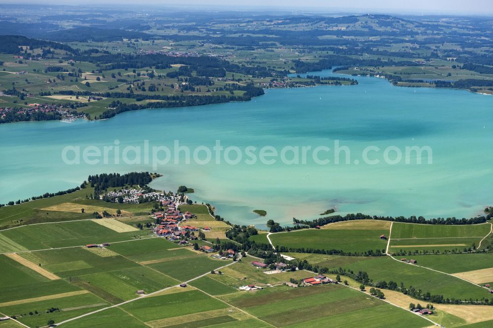 Aerial image Schwangau - Riparian areas on the lake area of Forggensee in the district Horn in Schwangau in the state Bavaria