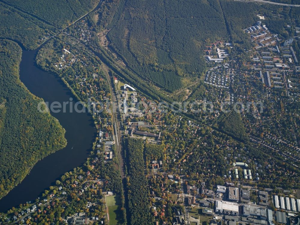 Potsdam from above - Riparian areas on the lake area of Griebnitzsee in Potsdam in the state Brandenburg. Also shown the area of the Filmpark Babelsberg