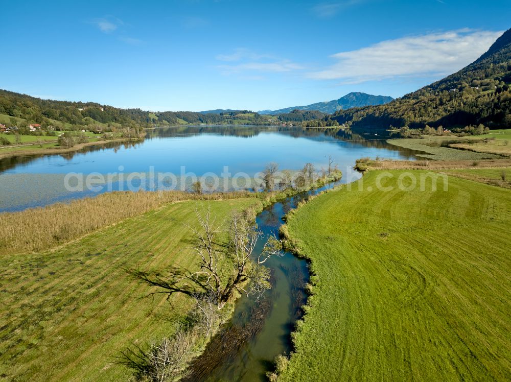 Immenstadt im Allgäu from above - Shore areas at the lake area of Grosser Alpsee in the valley of the mountain landscape in Immenstadt im Allgaeu in the state Bavaria, Germany