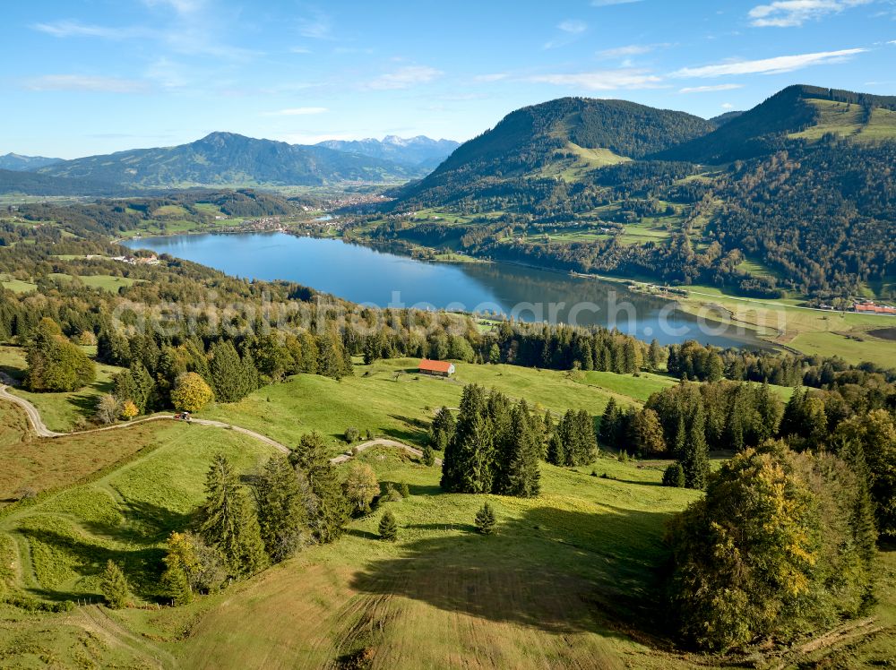 Aerial image Immenstadt im Allgäu - Shore areas at the lake area of Grosser Alpsee in the valley of the mountain landscape in Immenstadt im Allgaeu in the state Bavaria, Germany