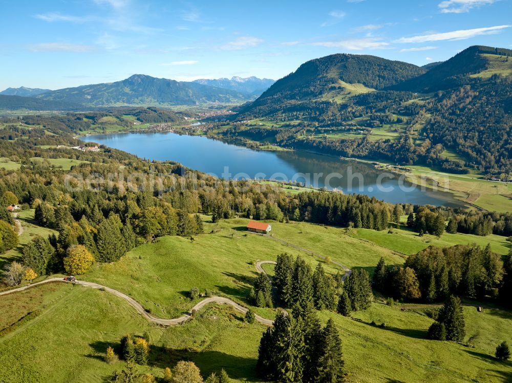 Aerial photograph Immenstadt im Allgäu - Shore areas at the lake area of Grosser Alpsee in the valley of the mountain landscape in Immenstadt im Allgaeu in the state Bavaria, Germany