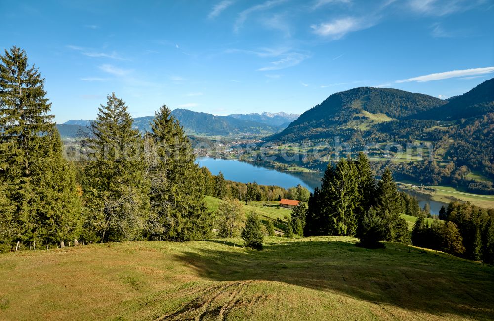 Aerial image Immenstadt im Allgäu - Shore areas at the lake area of Grosser Alpsee in the valley of the mountain landscape in Immenstadt im Allgaeu in the state Bavaria, Germany