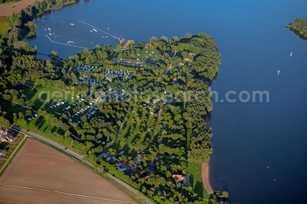 Absberg from above - Riparian areas on the lake area of Grosser Brombachsee in Absberg in the state Bavaria, Germany