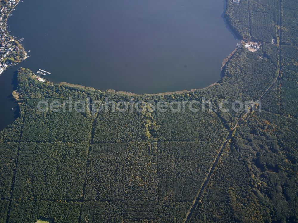 Berlin from the bird's eye view: Riparian areas on the lake area of the Grosser Mueggelsee at the mouth of the Mueggelspree in Berlin in Germany