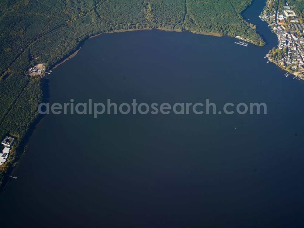 Berlin from above - Riparian areas on the lake area of the Grosser Mueggelsee at the mouth of the Mueggelspree in Berlin in Germany