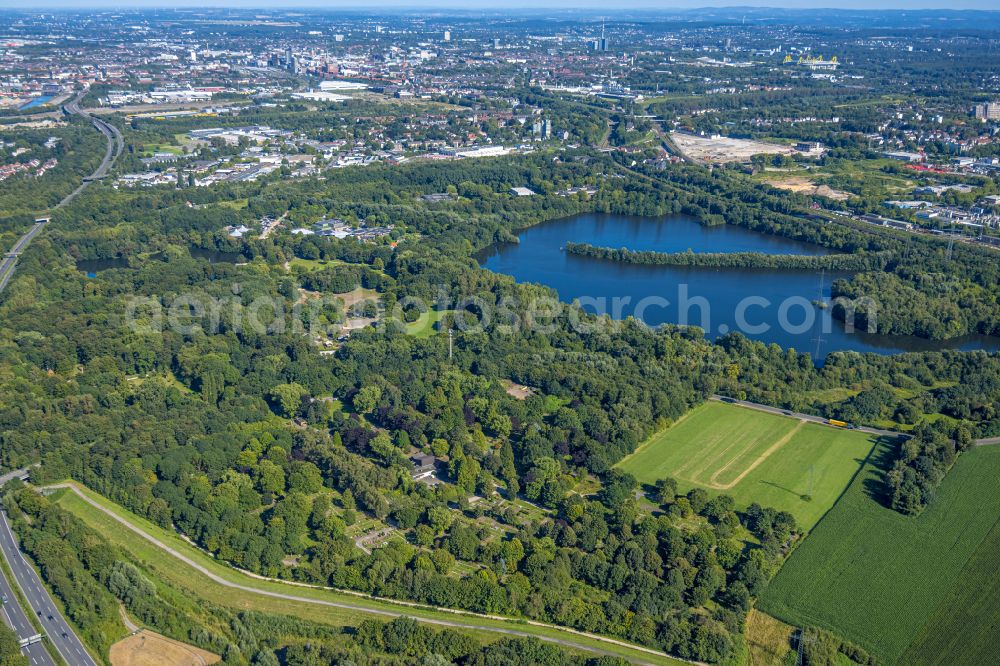 Dortmund from above - Riparian areas on the lake area of Hallerey Reserve in the district Hallerey in Dortmund at Ruhrgebiet in the state North Rhine-Westphalia, Germany