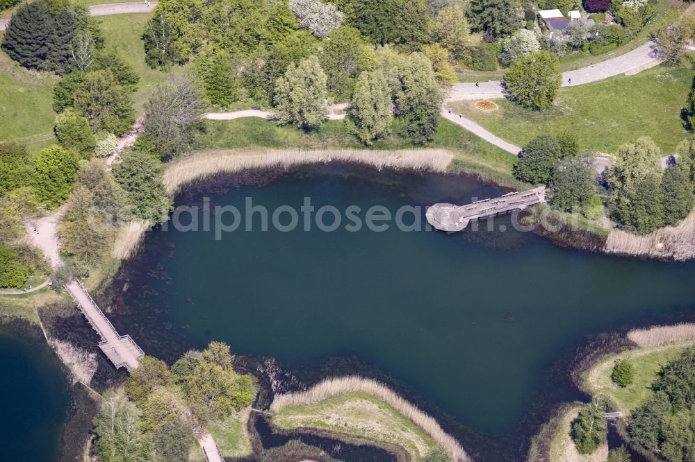 Berlin from the bird's eye view: Riparian areas on the lake area of Hauptsee in the recreation park Britz Garden in Berlin, Germany