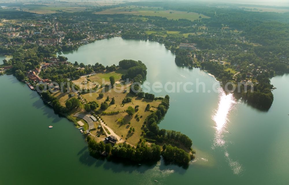 Feldberger Seenlandschaft from above - Riparian areas on the lake area of Haussee with residential area and forest in the district Feldberg in Feldberger Seenlandschaft in the state Mecklenburg - Western Pomerania