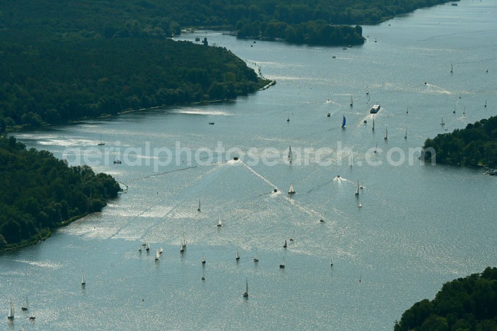 Aerial image Berlin - Riparian areas on the lake area of the Havel in a forest area in the district Pichelsberg in Berlin, Germany