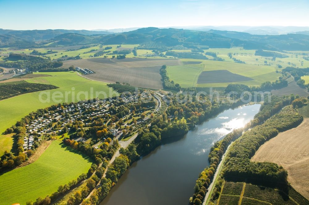 Meschede from above - Riparian areas on the lake area of Hennesee in Meschede in the state North Rhine-Westphalia