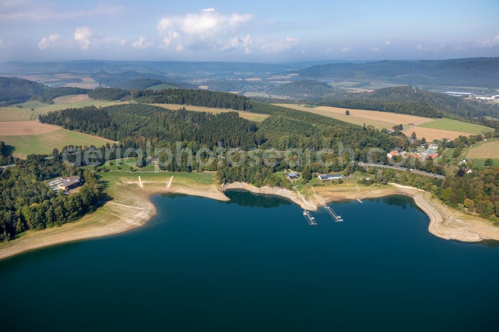 Meschede from above - Riparian areas on the lake area of Hennesee in Meschede in the state North Rhine-Westphalia, Germany