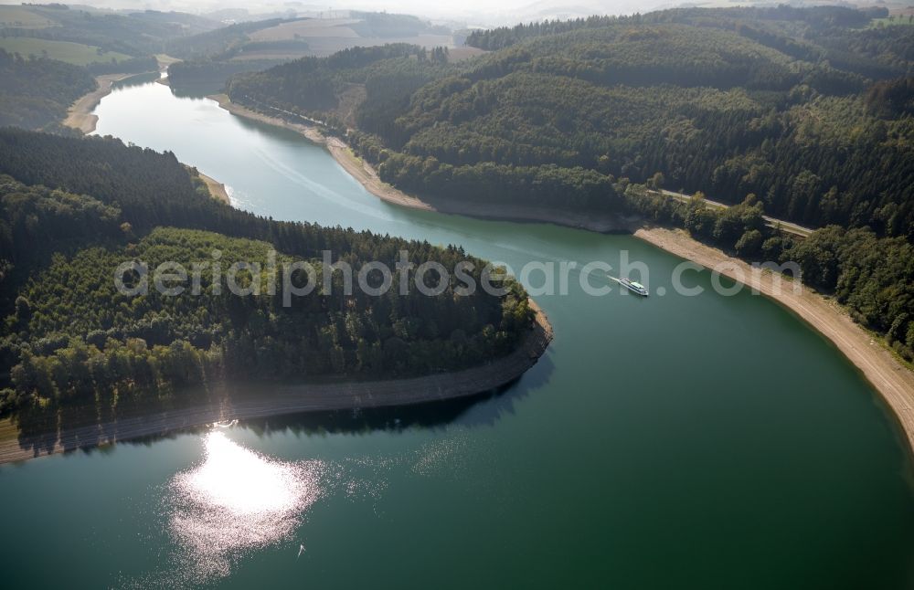 Meschede from above - Riparian areas on the lake area of Hennesee in Meschede in the state North Rhine-Westphalia, Germany