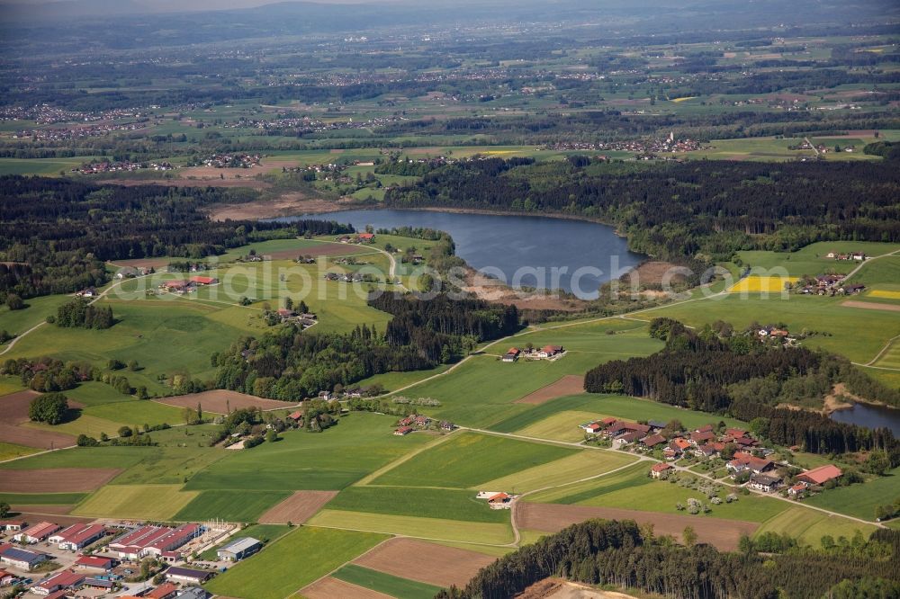 Bad Aibling from above - Riparian areas on the lake area of Hofstaetter See in Bad Aibling in the state Bavaria, Germany