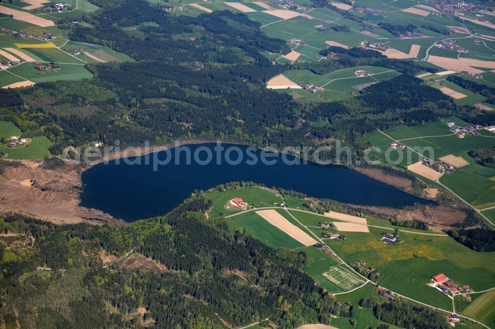 Aerial image Haberspoint - Riparian areas on the lake area of Hofstaetter See in a forest area in the district Kalkgrub in Haberspoint in the state Bavaria, Germany