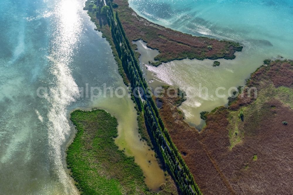 Aerial image Reichenau - Riparian areas on the lake area of Insel Reichenau on street Pirminstrasse in Reichenau in the state Baden-Wurttemberg, Germany