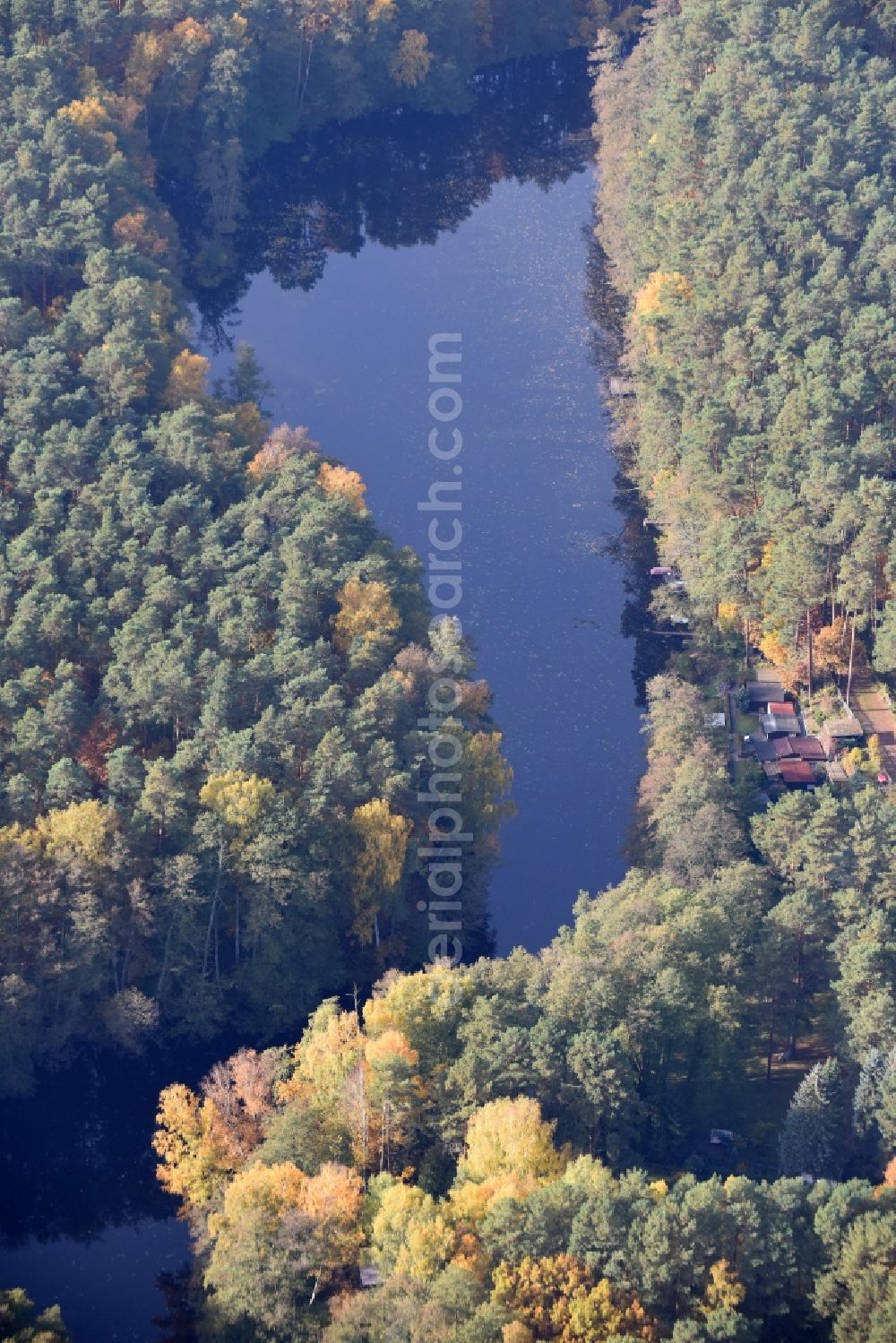 Grünheide (Mark) from the bird's eye view: Riparian areas on the lake area of Kiessee in Gruenheide (Mark) in the state Brandenburg