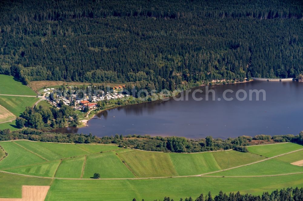 Bräunlingen from above - Riparian areas on the lake area of Kirnbergsee in Braeunlingen in the state Baden-Wurttemberg, Germany