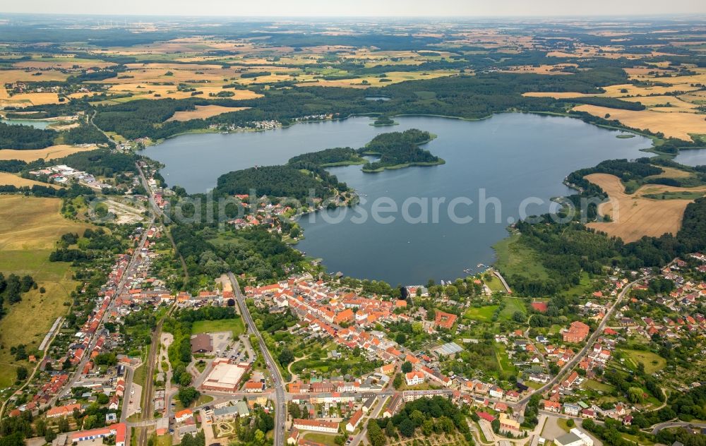 Krakow am See from above - Riparian areas on the lake area of Krakower See in Krakow am See in the state Mecklenburg - Western Pomerania