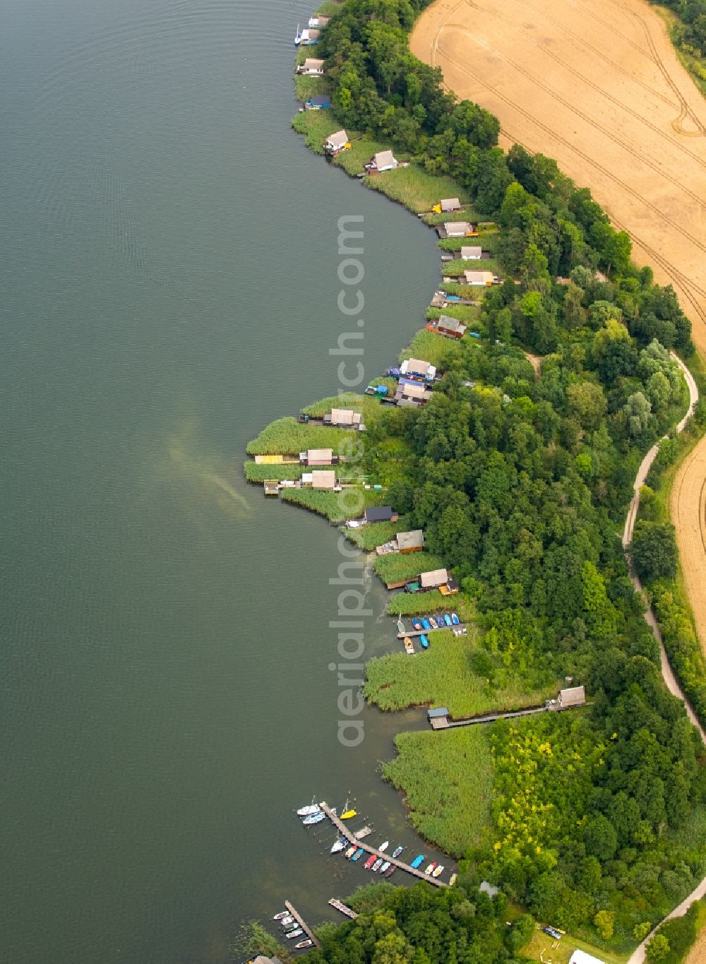 Krakow am See from above - Riparian areas on the lake area of Krakower See in Krakow am See in the state Mecklenburg - Western Pomerania