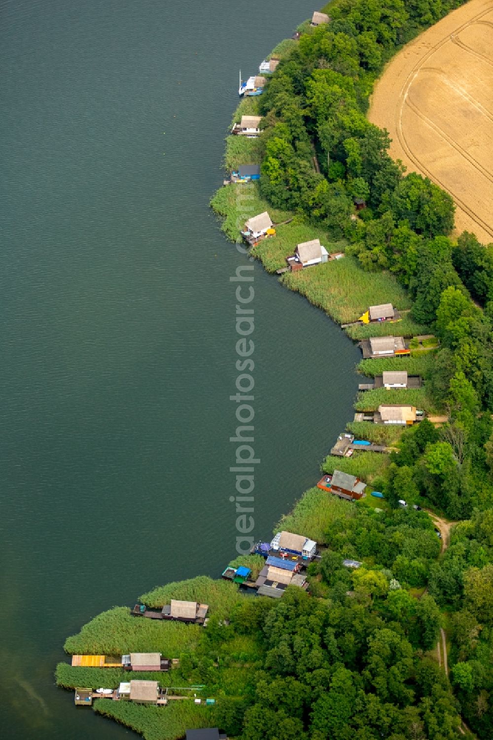 Krakow am See from above - Riparian areas on the lake area of Krakower See in Krakow am See in the state Mecklenburg - Western Pomerania