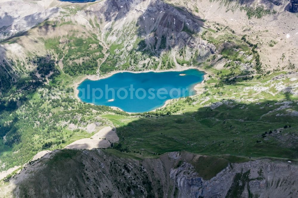 Allos from the bird's eye view: Riparian areas on the lake area of Lac da??Allos in Allos in the national park Mercantour in Provence-Alpes-Cote d'Azur, France. Lac d'Allos is the highest natural lake in Europe