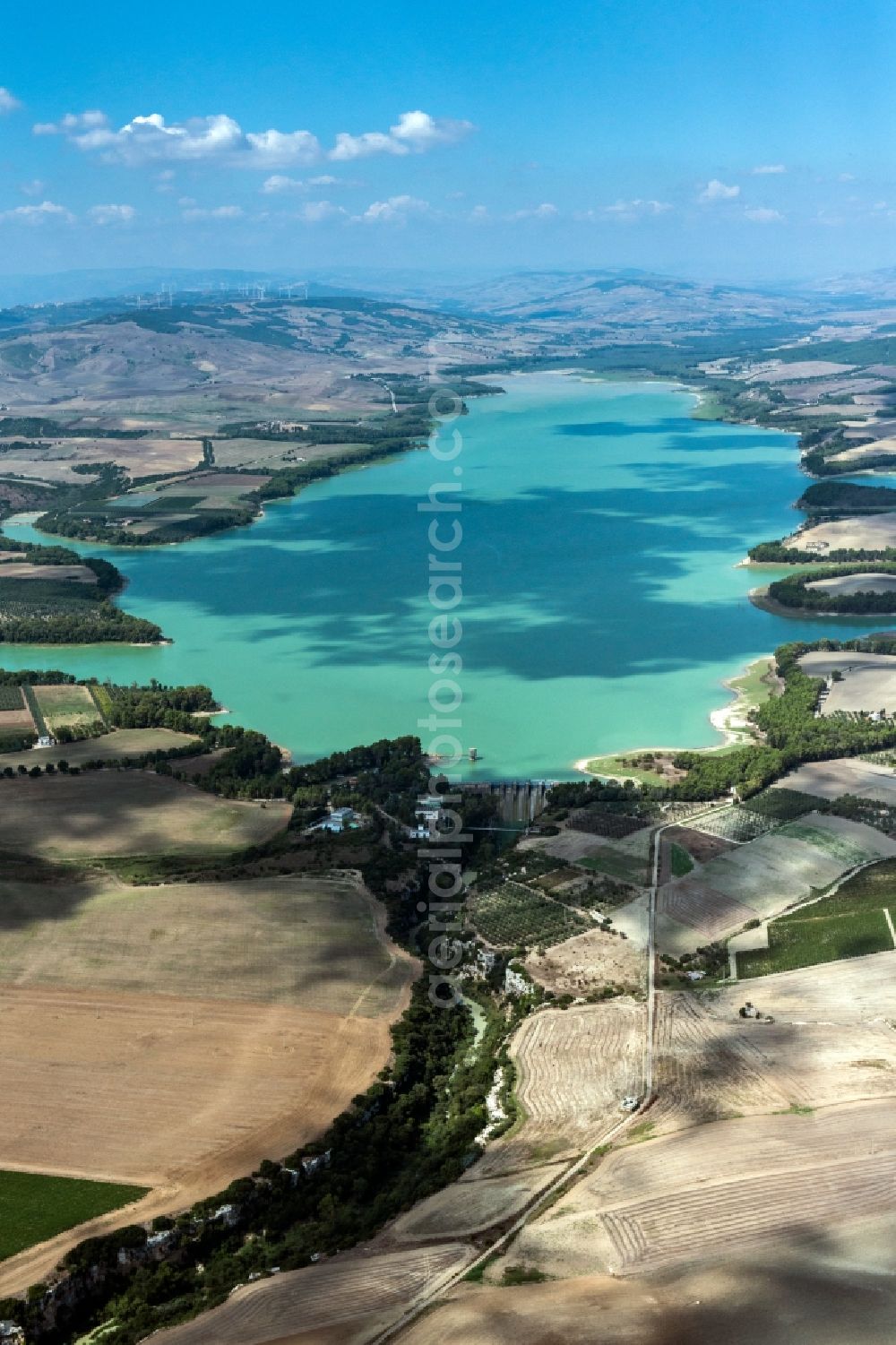 Miglionico from the bird's eye view: Riparian areas on the lake area of Lago di San Giuliano in Miglionico in Italy