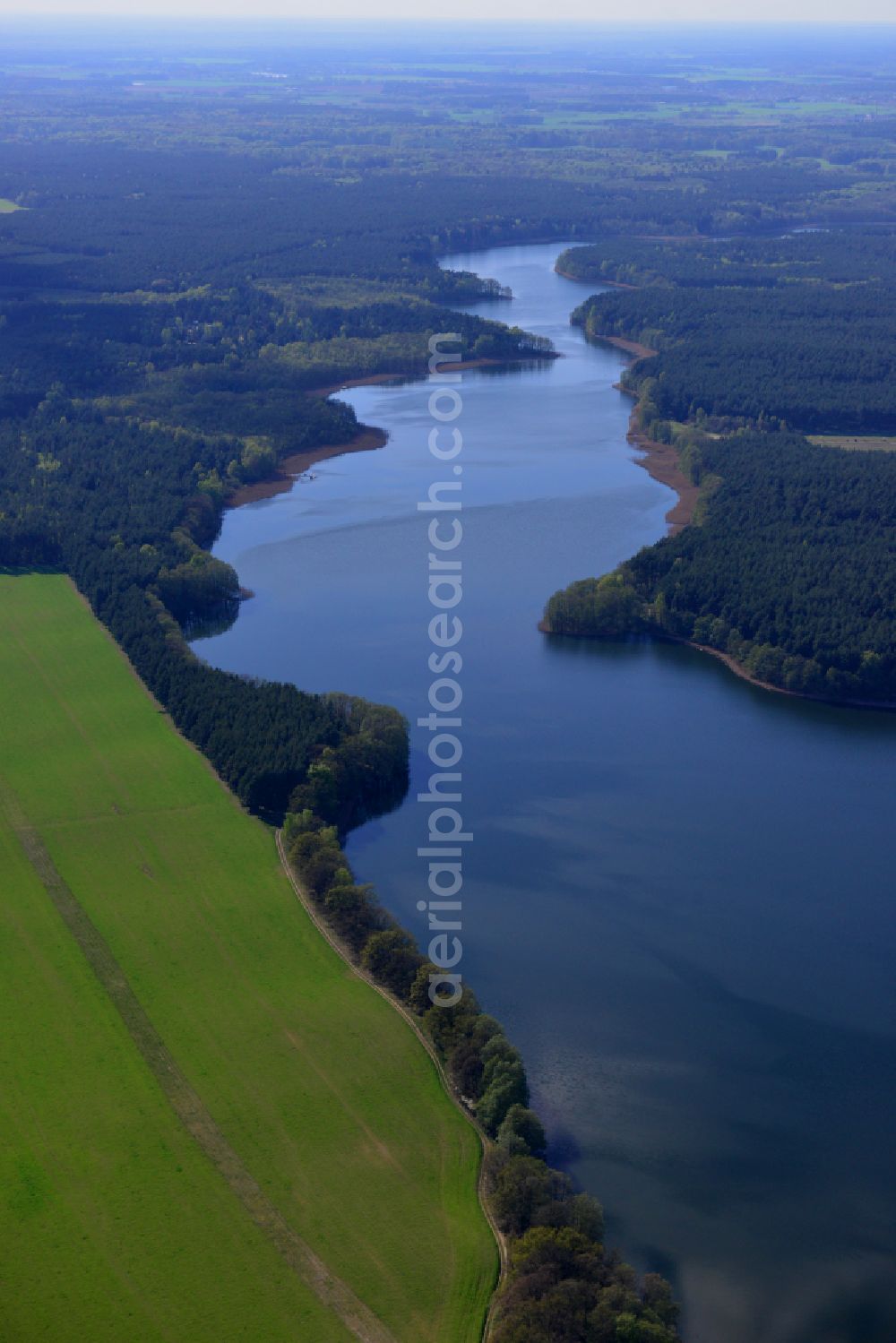 Aerial image Templin - Riparian areas on the lake area of Luebbesee in a forest area in Templin in the state Brandenburg, Germany