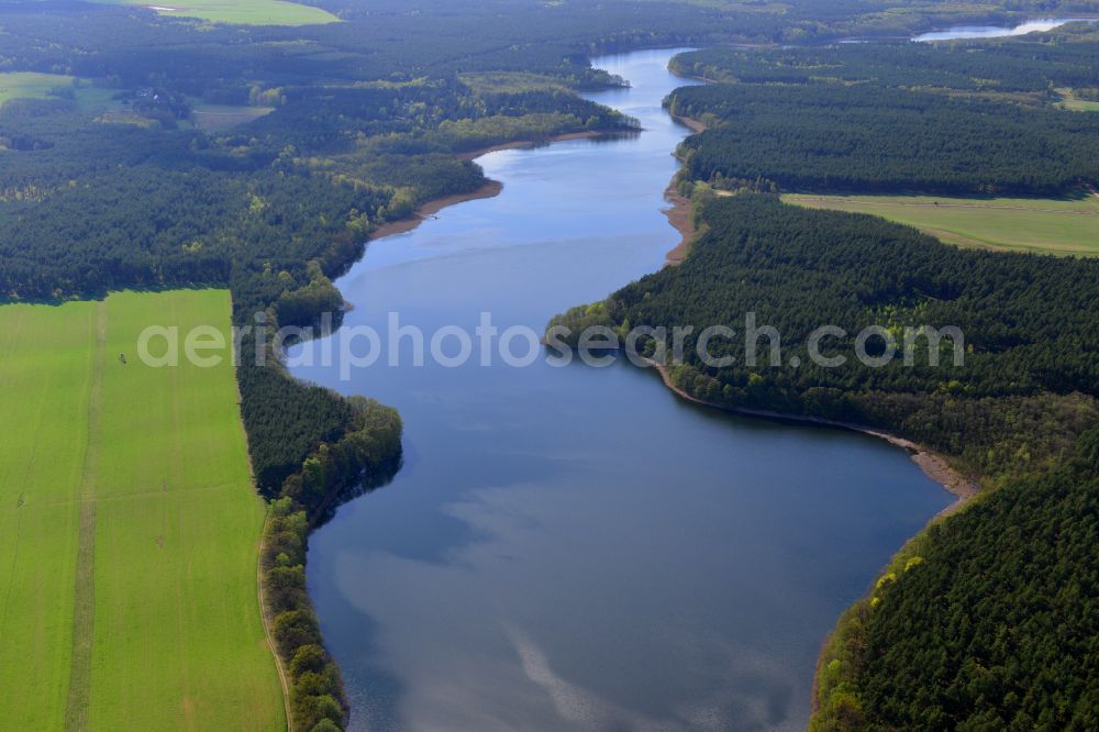 Aerial photograph Templin - Riparian areas on the lake area of Luebbesee in a forest area in Templin in the state Brandenburg, Germany