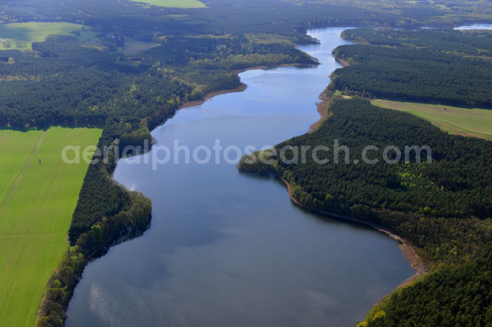 Templin from above - Riparian areas on the lake area of Luebbesee in a forest area in Templin in the state Brandenburg, Germany