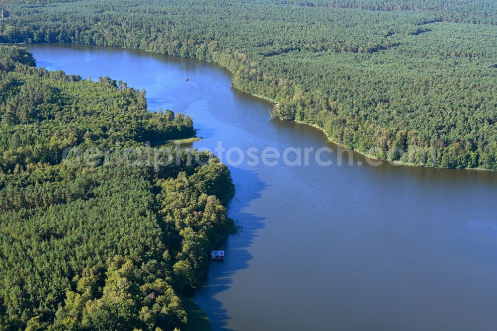 Alt Ruppin from above - Riparian areas on the lake area of Moellensee in a forest area in Alt Ruppin in the state Brandenburg, Germany