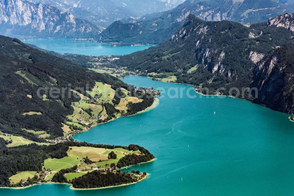 Aerial image Unterach am Attersee - Riparian areas on the lake area of Mondsee and Attersee in Unterach am Attersee in Oberoesterreich, Austria