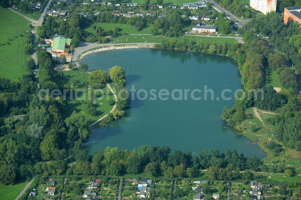 Aerial image Leipzig - Riparian areas on the lake area of Nature bath Northeast (Bagger) in Leipzig in the state of Saxony. The lake was created through a former gravel pit and mining location