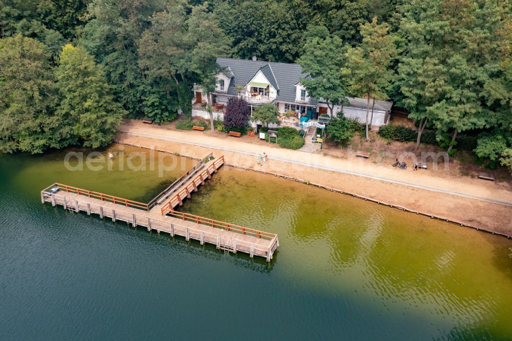 Lanke from above - Riparian areas on the lake area of Obersee in Lanke in the state Brandenburg, Germany