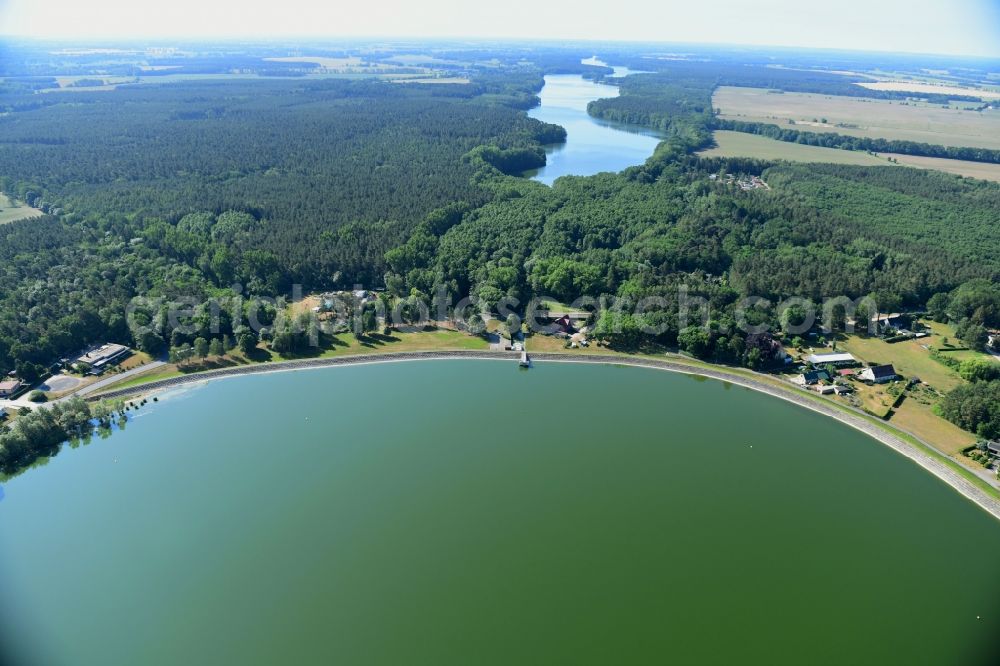 Stolpe from above - Riparian areas on the lake area of Obersee in Stolpe in the state Brandenburg, Germany