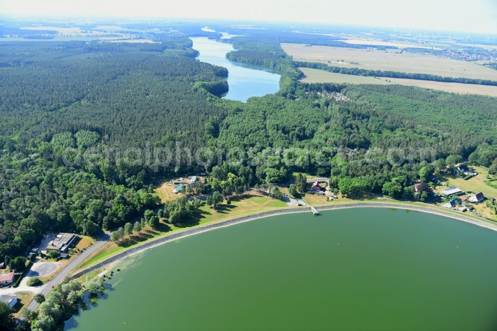 Stolpe from above - Riparian areas on the lake area of Obersee in Stolpe in the state Brandenburg, Germany