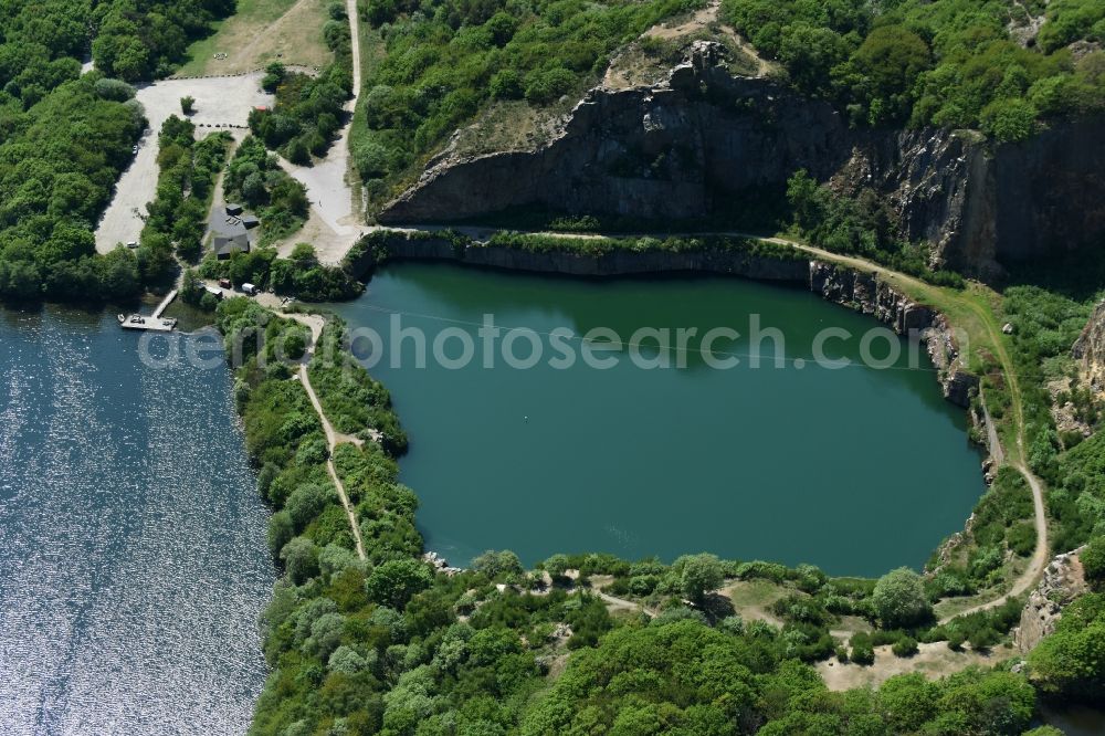 Allinge from above - Shore areas of the lake Opalsee - Opalsoen in a disused quarry on the island of Bornholm in Allinge Region Hovedstaden, Denmark