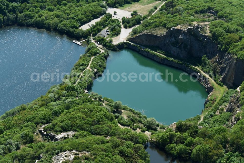 Allinge from above - Shore areas of the lake Opalsee - Opalsoen in a disused quarry on the island of Bornholm in Allinge Region Hovedstaden, Denmark