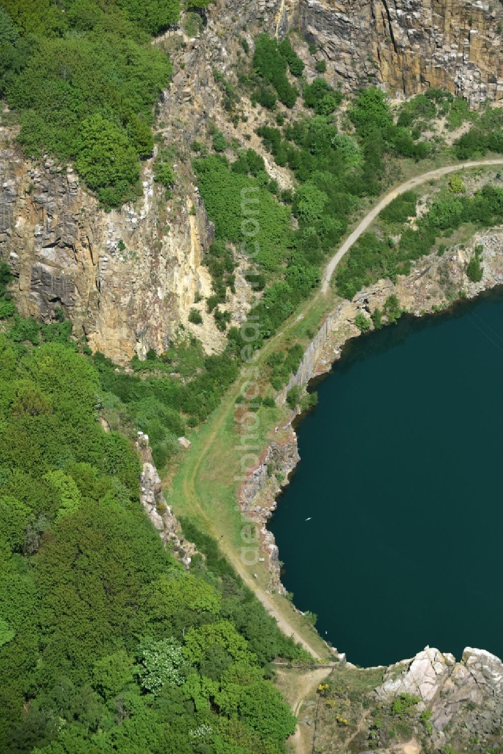 Allinge from above - Shore areas of the lake Opalsee - Opalsoen in a disused quarry on the island of Bornholm in Allinge Region Hovedstaden, Denmark