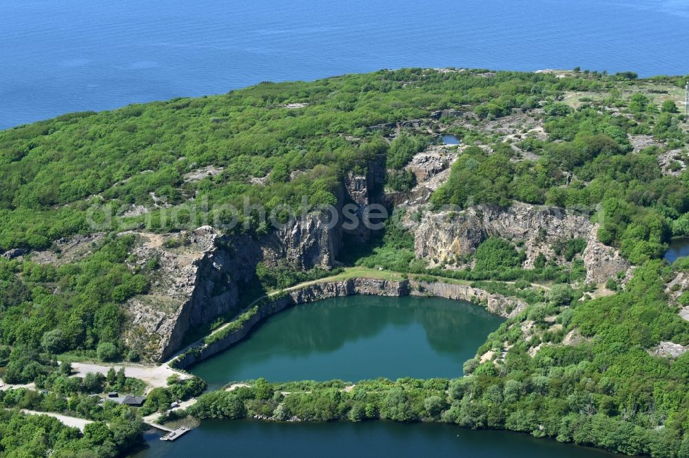 Aerial image Allinge - Shore areas of the lake Opalsee - Opalsoen in a disused quarry on the island of Bornholm in Allinge Region Hovedstaden, Denmark