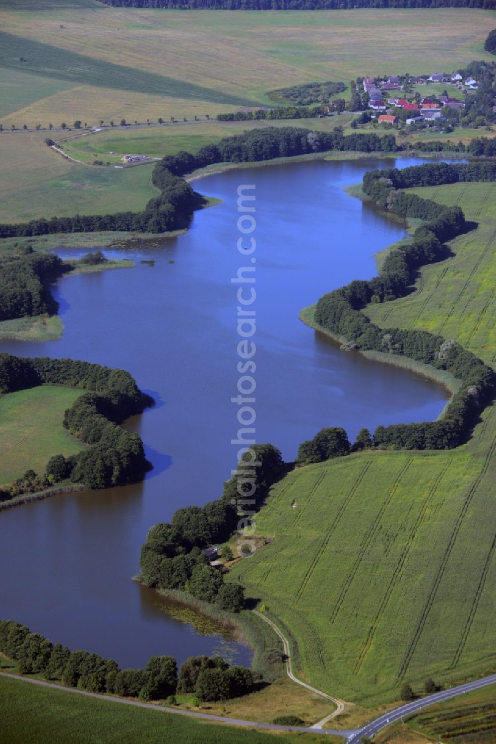 Hohen Wangelin from above - Riparian areas on the lake area of Orthsee in Hohen Wangelin in the state Mecklenburg - Western Pomerania