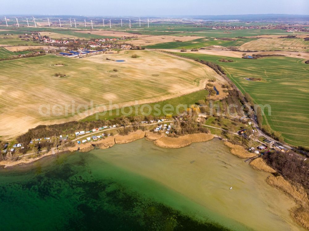 Parsteinsee from the bird's eye view: Riparian areas on the lake area of Parsteiner See in Parsteinsee in the state Brandenburg, Germany