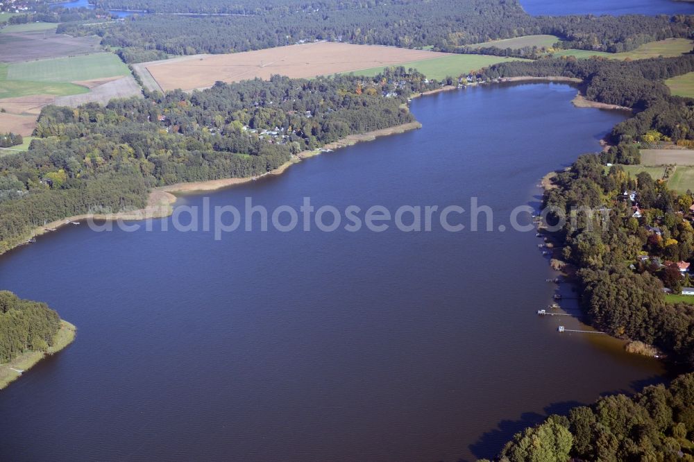 Rahmer See from above - Riparian areas on the lake area of Rahmer See in Rahmer See in the state Brandenburg