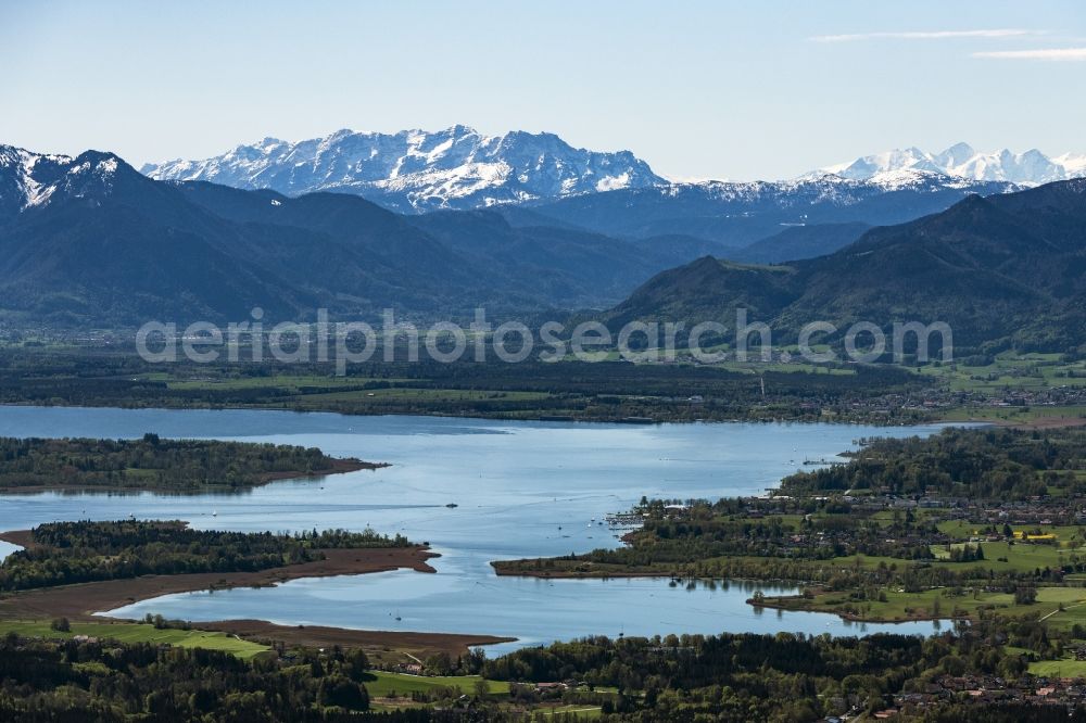 Rimsting from above - Riparian areas on the lake area of in the Schafwaschener Bucht on Chiemsee in Rimsting in the state Bavaria, Germany