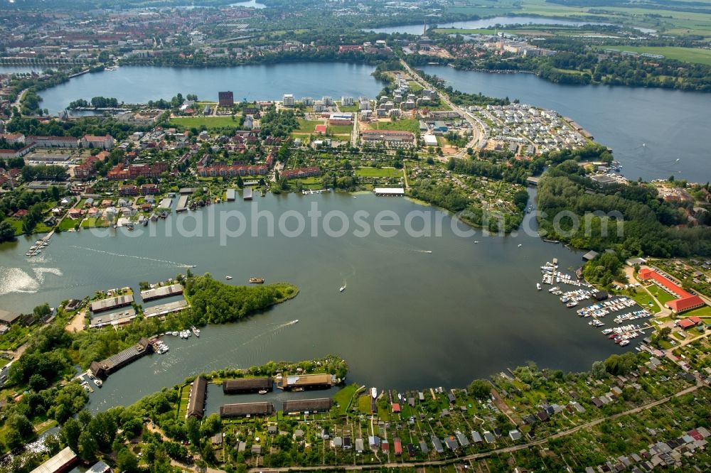 Schwerin from above - Riparian areas on the lake area of Schweriner Innensee - Ziegelsee in Schwerin in the state Mecklenburg - Western Pomerania