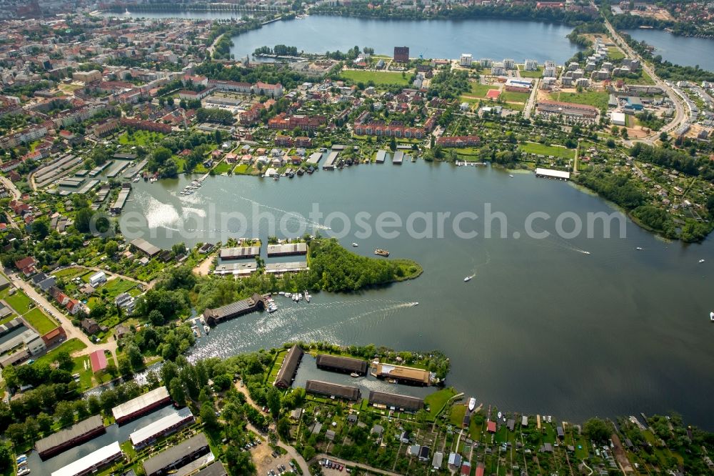 Schwerin from the bird's eye view: Riparian areas on the lake area of Schweriner Innensee - Ziegelsee in Schwerin in the state Mecklenburg - Western Pomerania