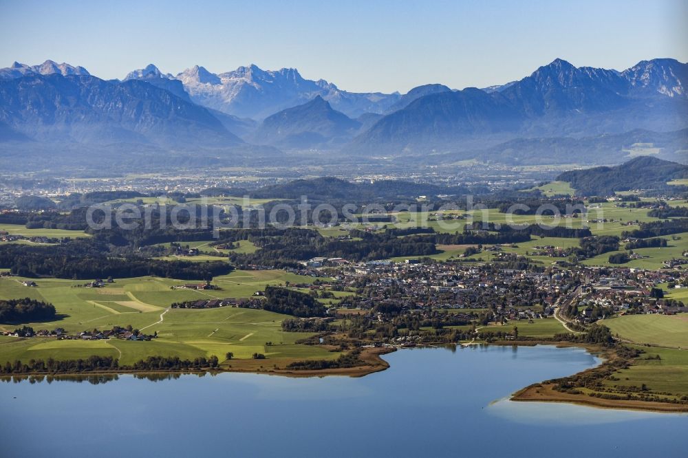 Seewalchen from above - Riparian areas on the lake area of in Seewalchen in Salzburg, Austria