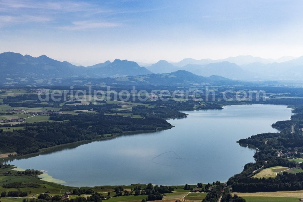 Bad Endorf from above - Riparian areas on the lake area of Simsee in Bad Endorf in the state Bavaria, Germany