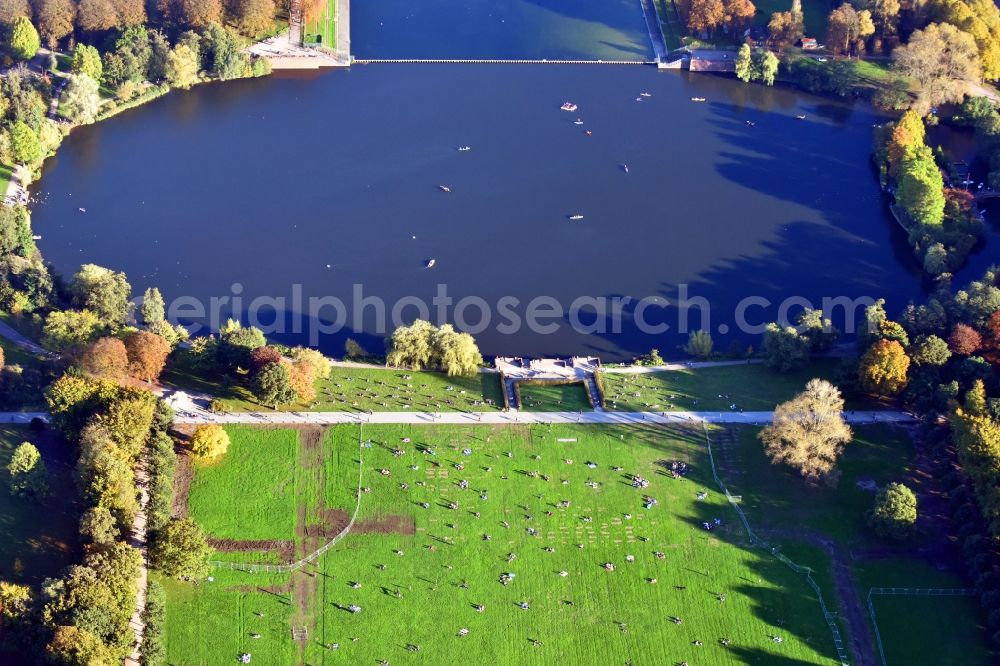 Hamburg from above - Bank areas in the sea area of the town park lake in the fairground in the town park in the district of Winterhude in Hamburg, Germany