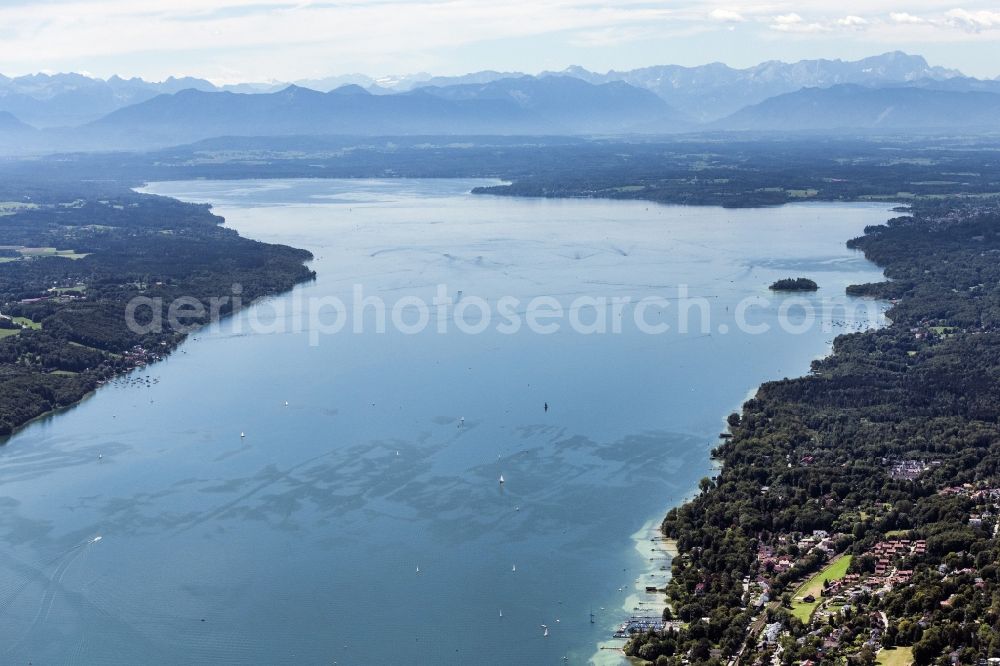 Aerial image Pöcking - Riparian areas on the lake area of Starnberger See with Alpenpanorama in Berg in the state Bavaria, Germany